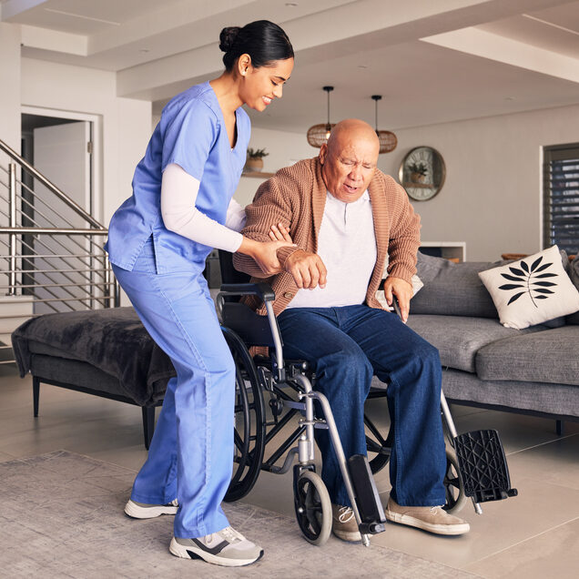 Nurse helping man in wheelchair, home and trust for medical service, physical therapy and support in retirement. Caregiver, woman and aid old patient with disability, rehabilitation and healthcare